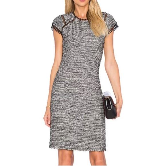 REBECCA TAYLOR Short Sleeve Stretch Tweed Shift Black White Dress Women Size 10 - Picture 1 of 10